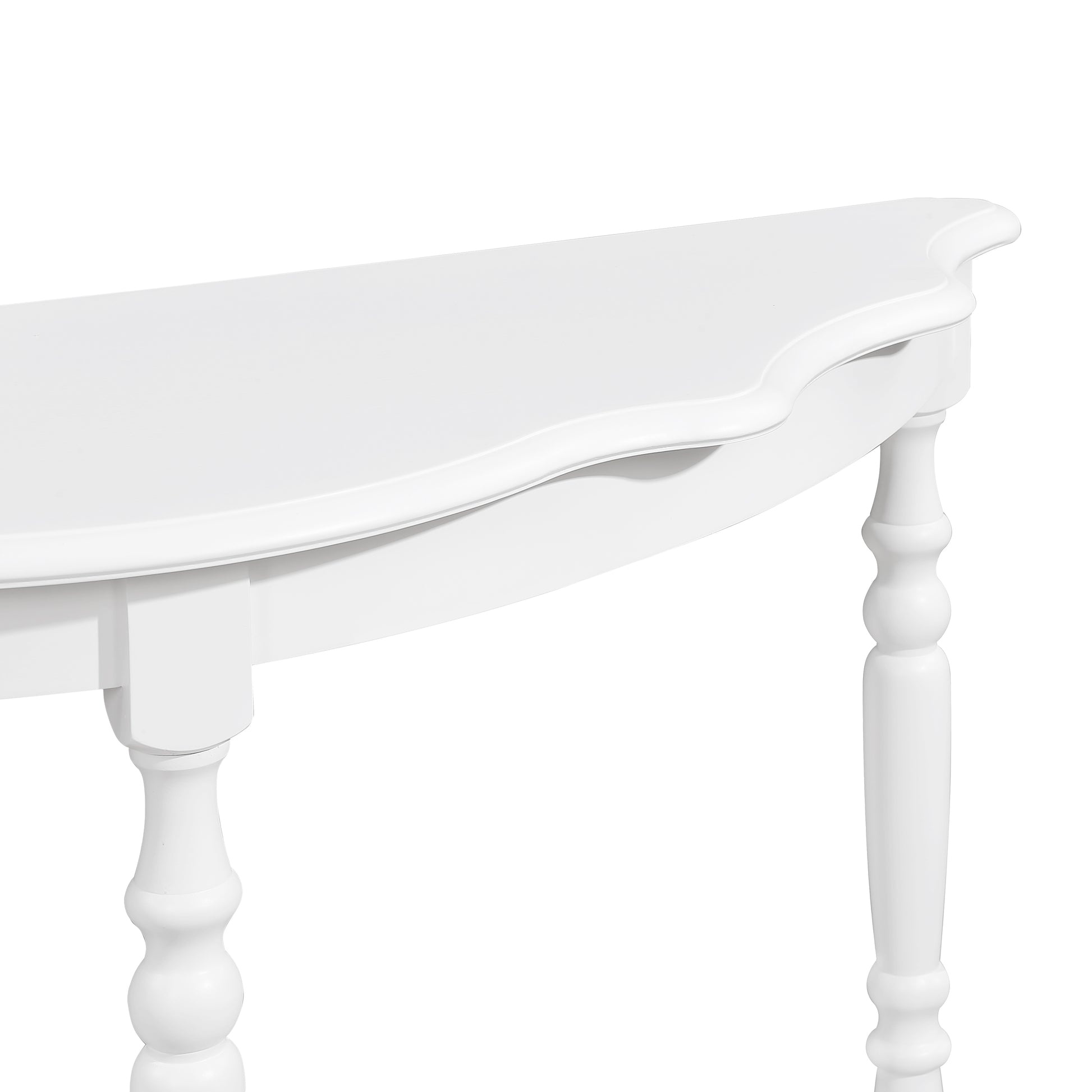 Elegant white console table with a curved top and turned legs perfect for entryways