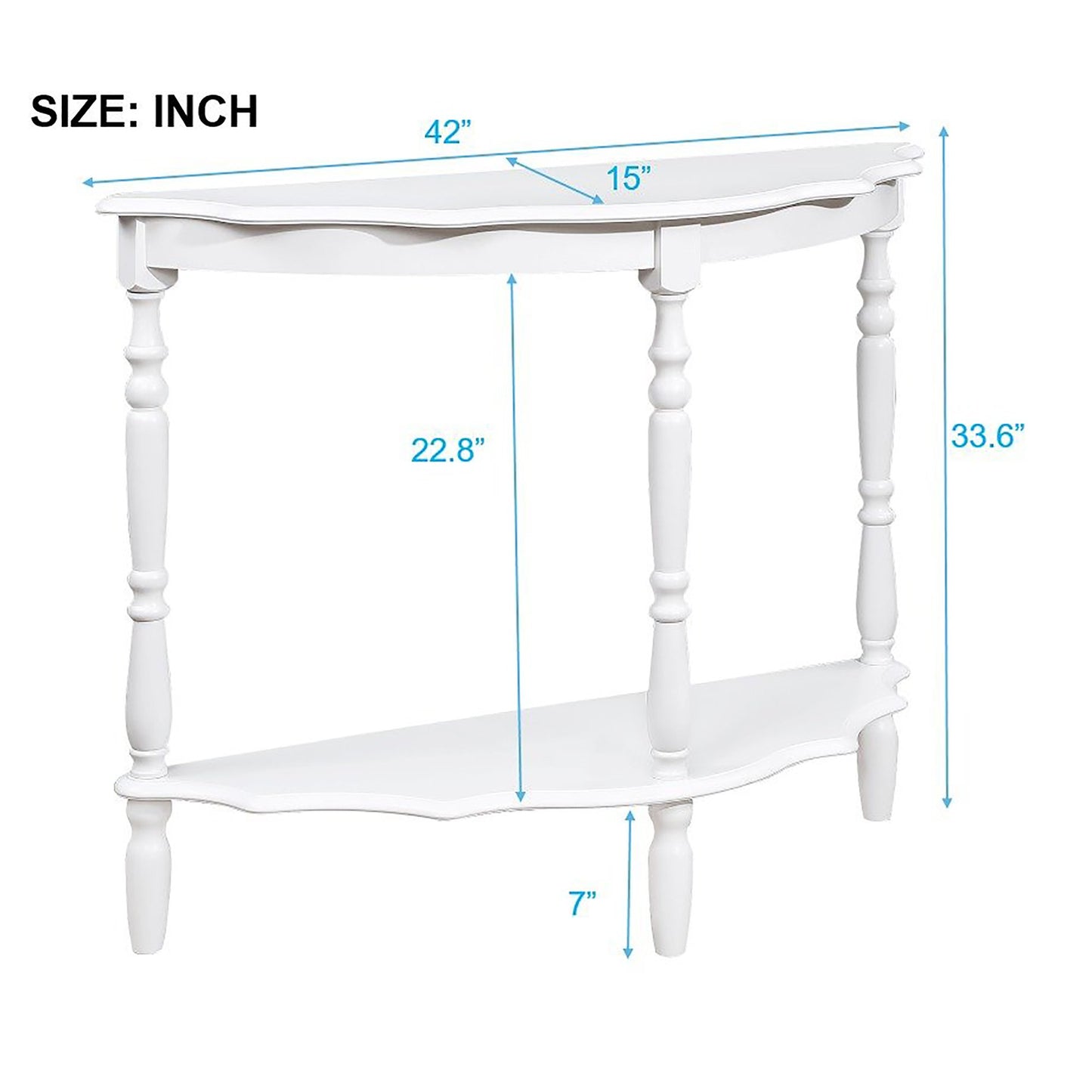 White halfmoon console table with two tiered shelves and decorative legs Dimensions  L x  W x  H