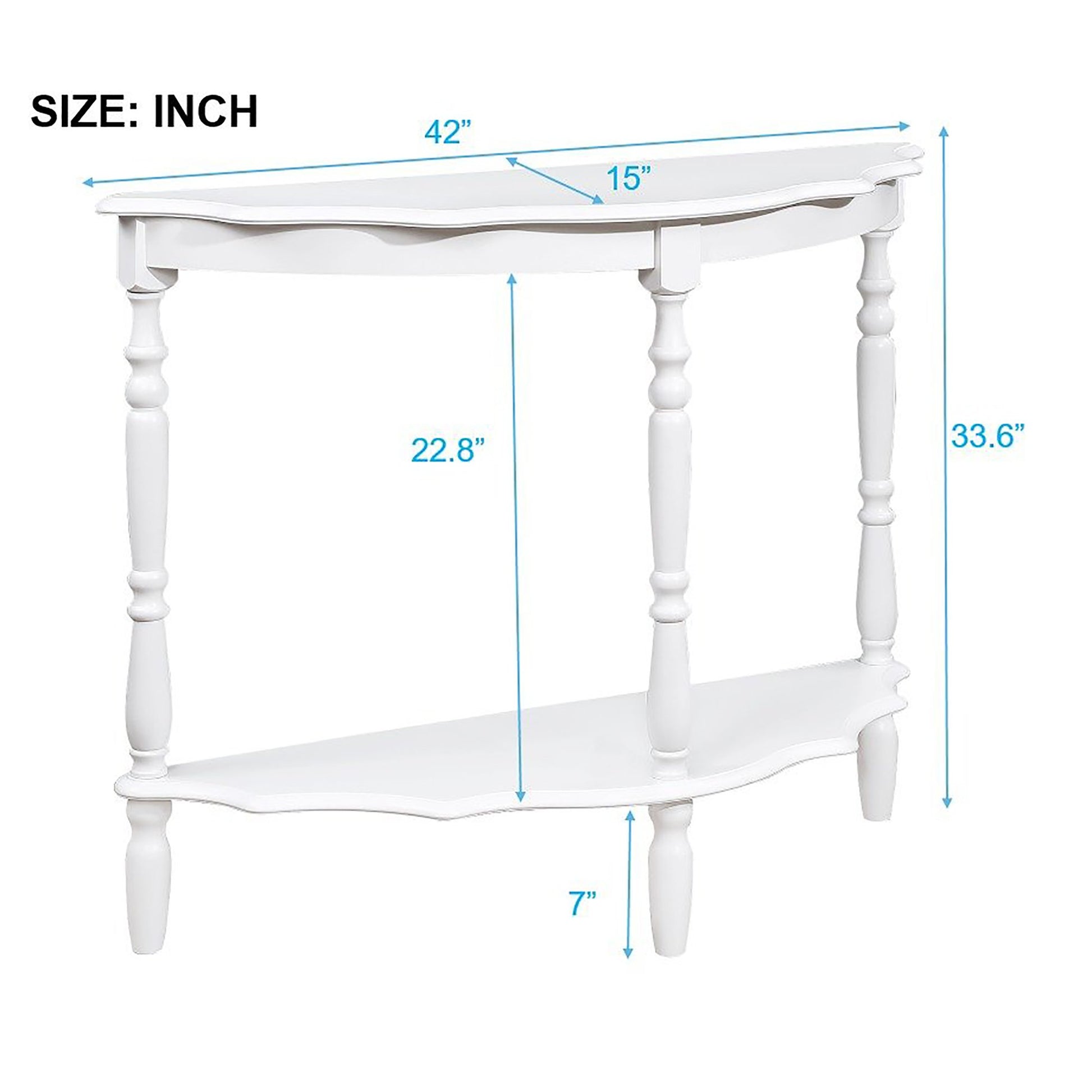White halfmoon console table with two tiered shelves and decorative legs Dimensions  L x  W x  H