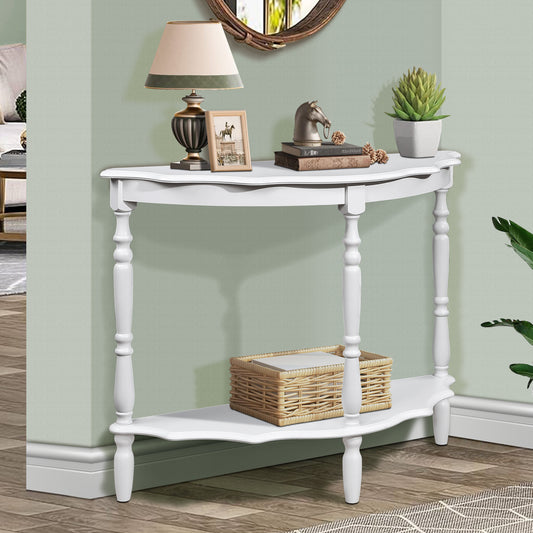 White farmhouse console table with turned legs accent lamp and woven basket