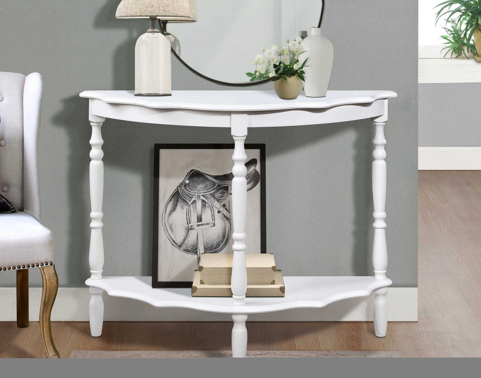 White console table with decorative legs and two shelves perfect for entryway decor