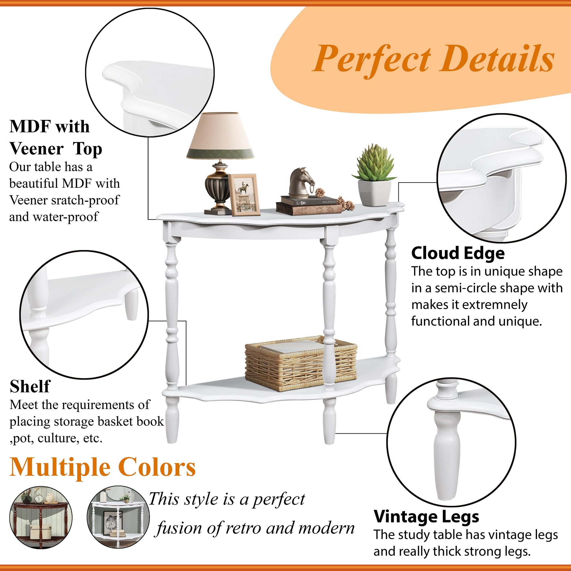 White MDF console table with a semicircle top and basket shelf
