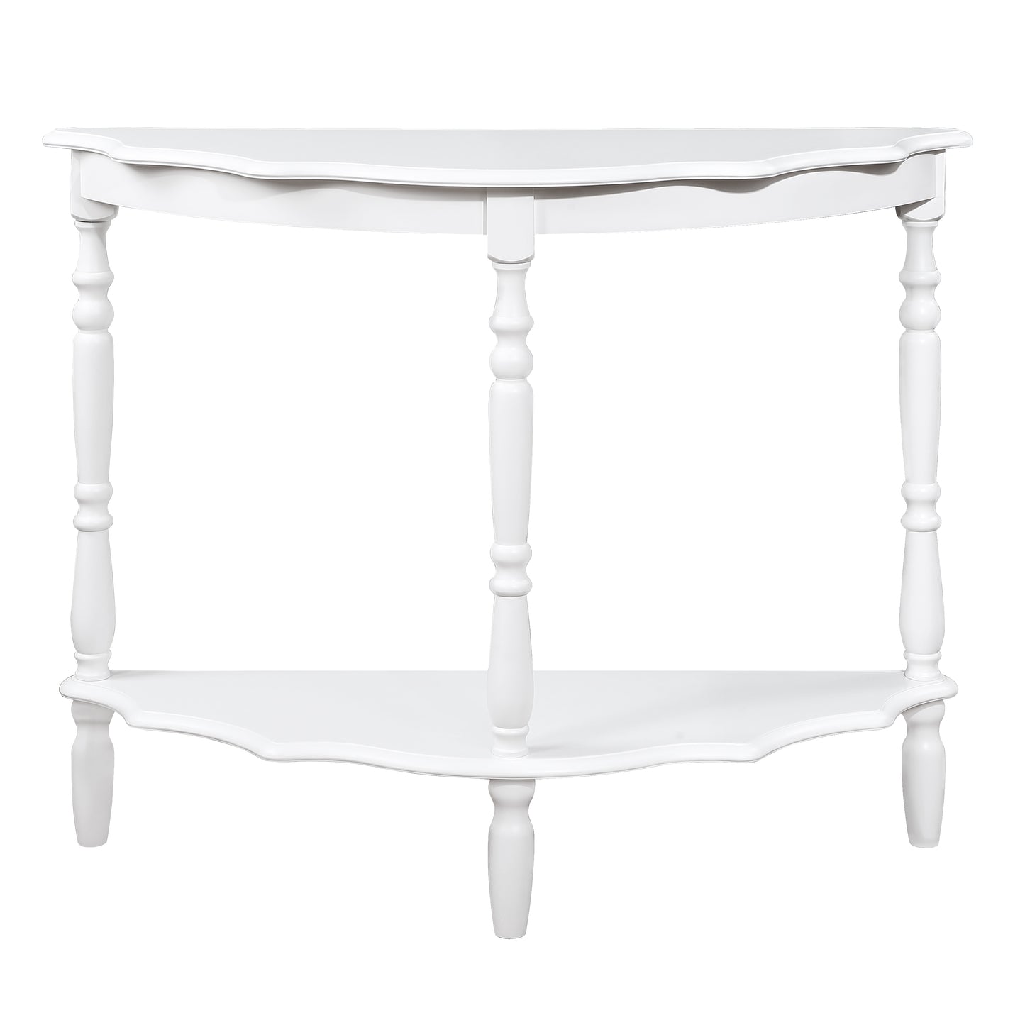 Elegant white wooden console table with ornate legs and a curved shelf