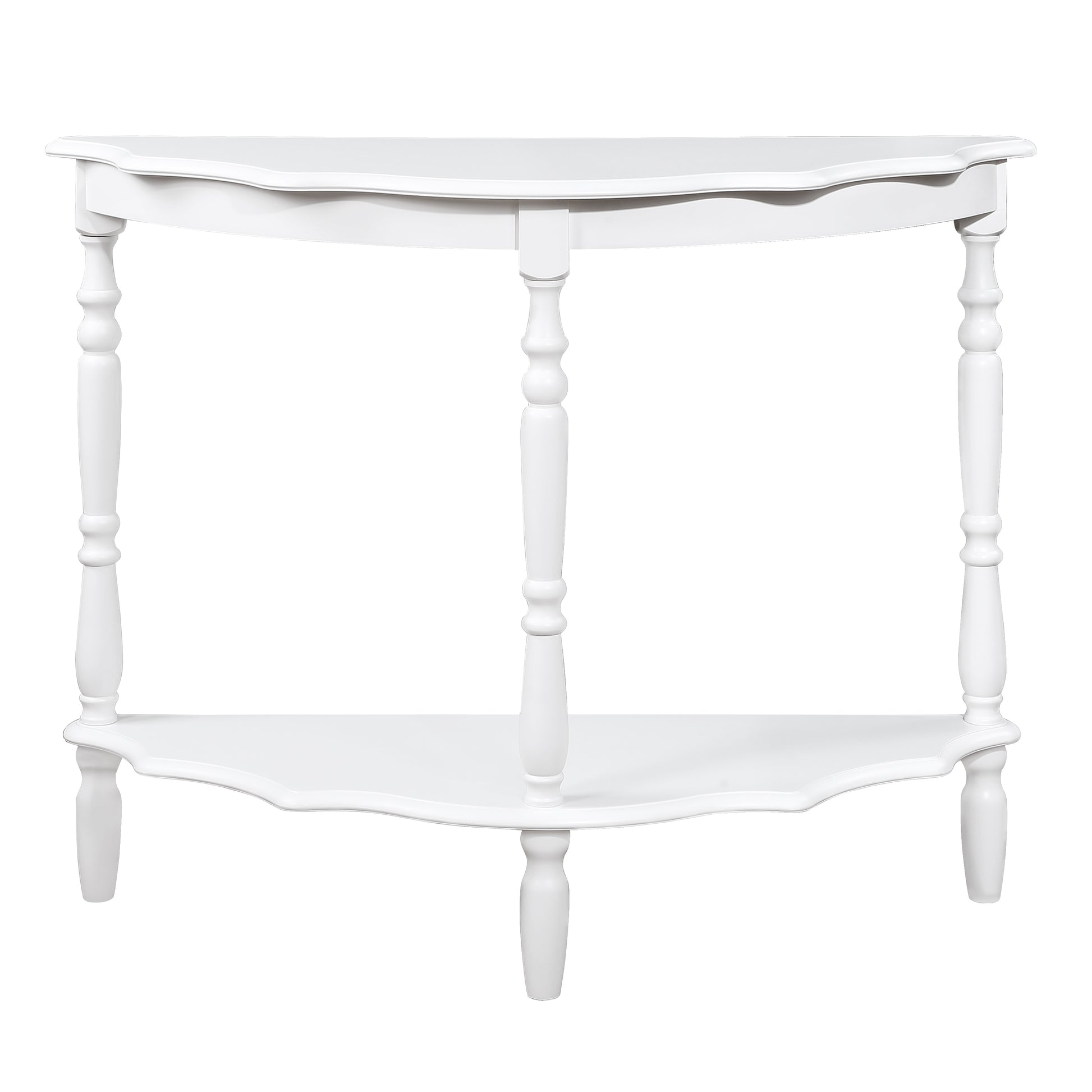 Elegant white wooden console table with ornate legs and a curved shelf
