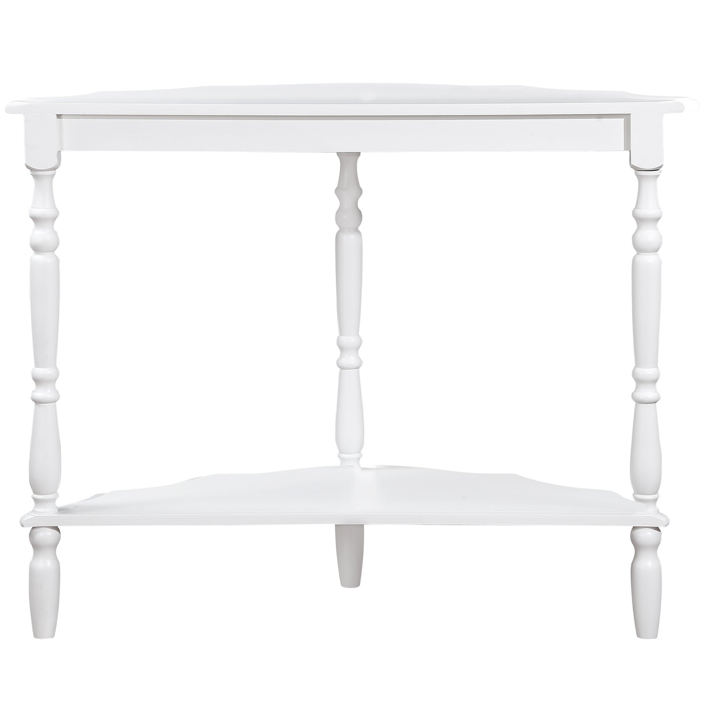 Elegant white wooden corner table with spindle legs and a lower shelf
