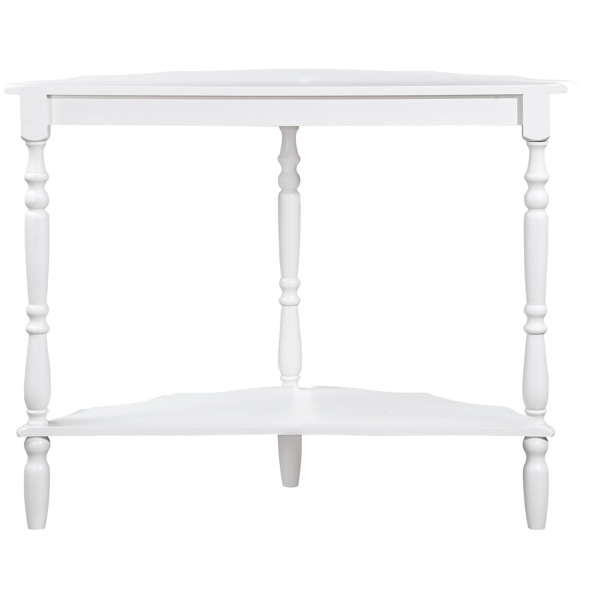 Elegant white wooden corner table with spindle legs and a lower shelf