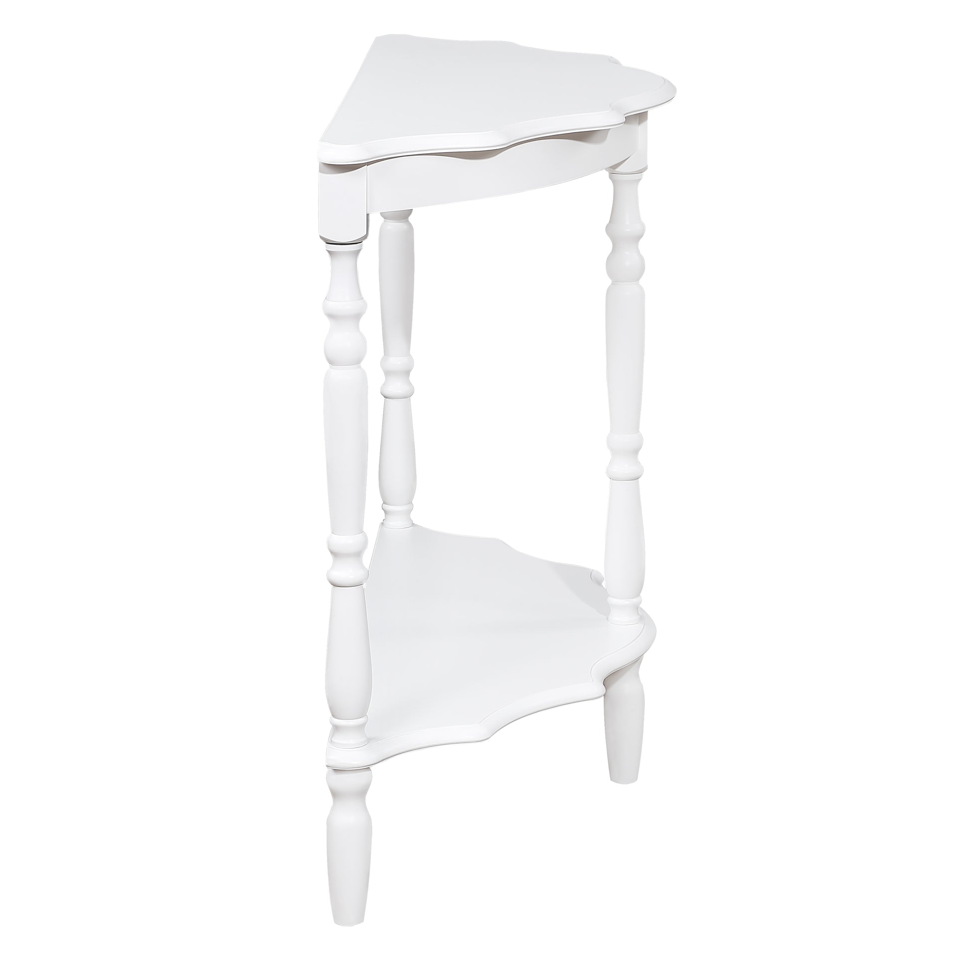 White corner accent table with carved legs and scalloped edges