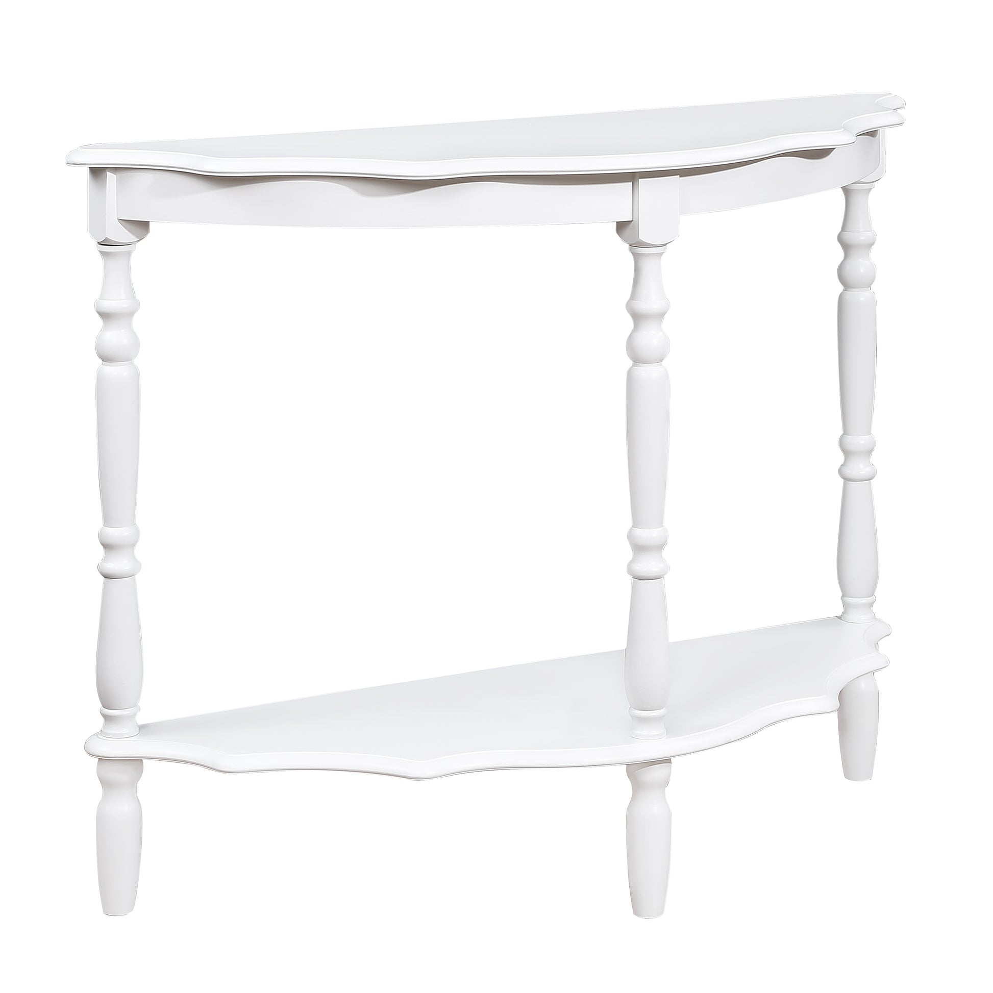 White halfmoon console table with two shelves and turned legs