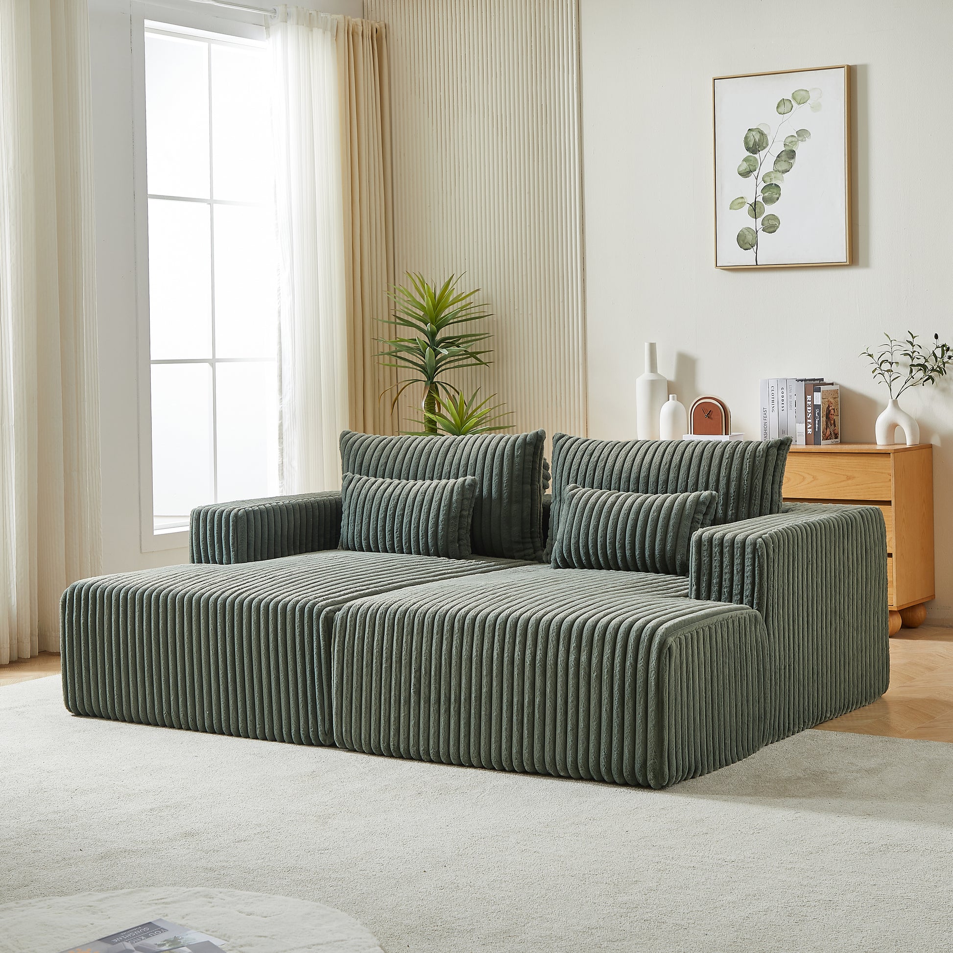 Plush green corduroy modular sofa with removable cushions perfect for modern living rooms