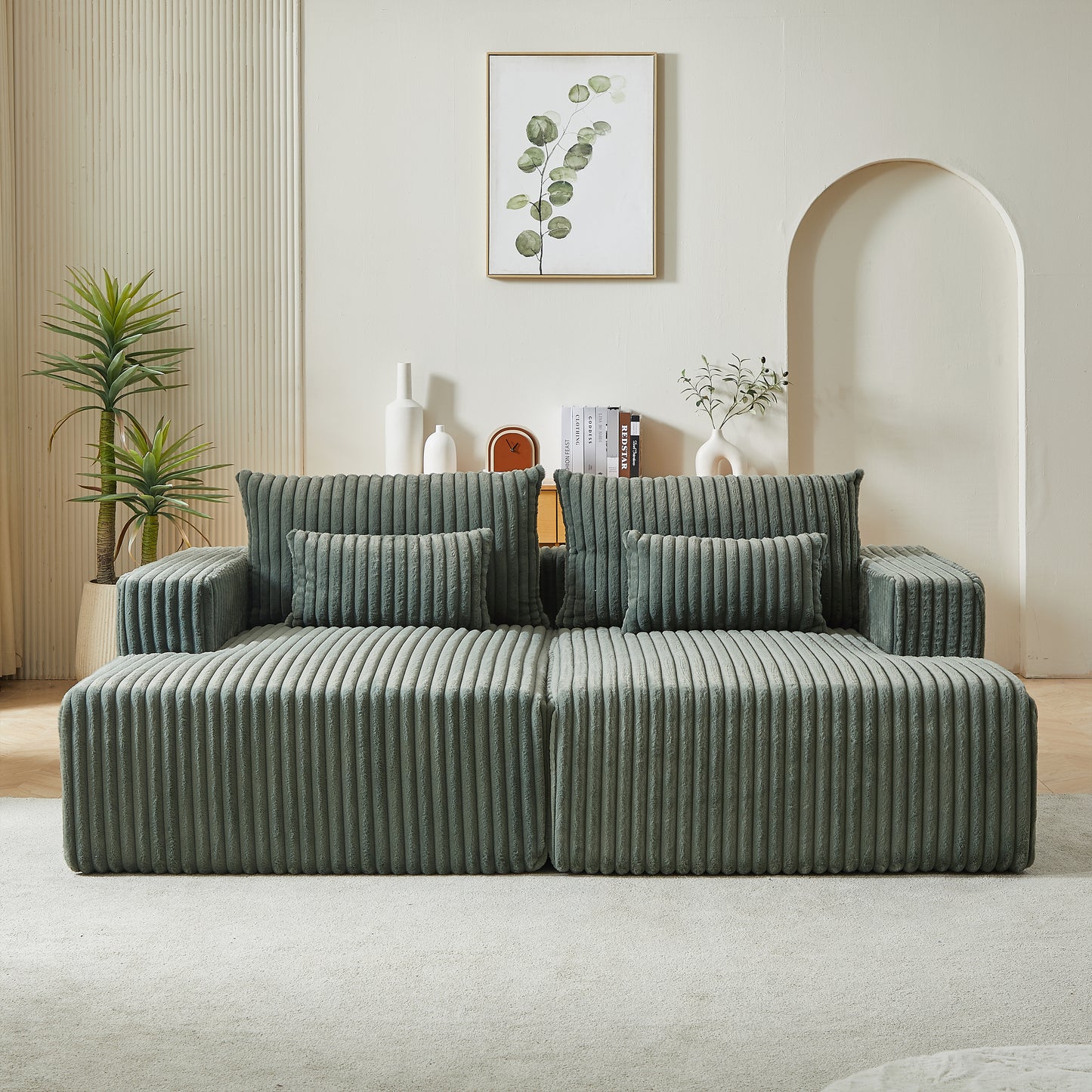 Sage green corduroy modular sofa with plush cushions ideal for a modern living room
