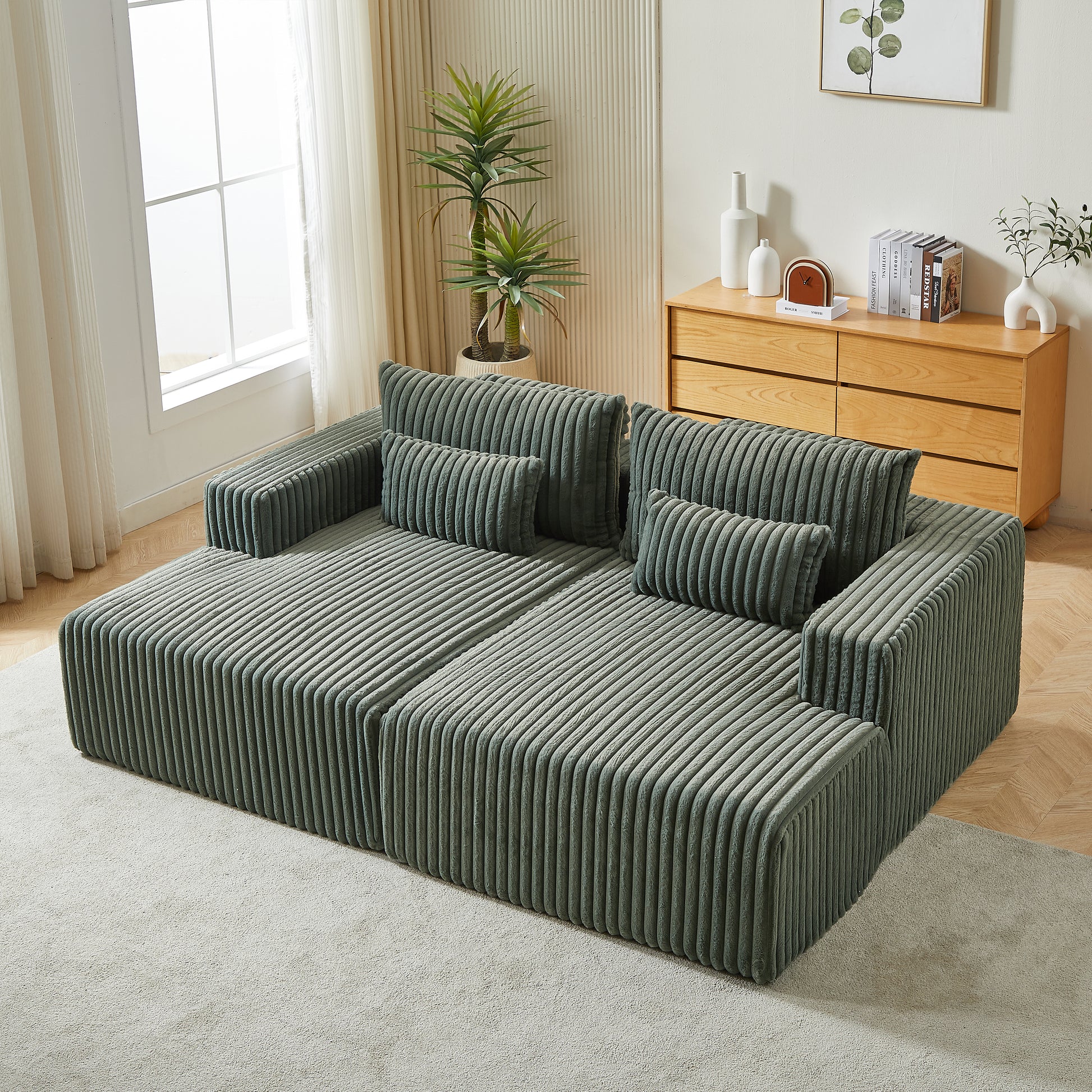 Dark green corduroy sectional sofa with plush cushions modern living room furniture