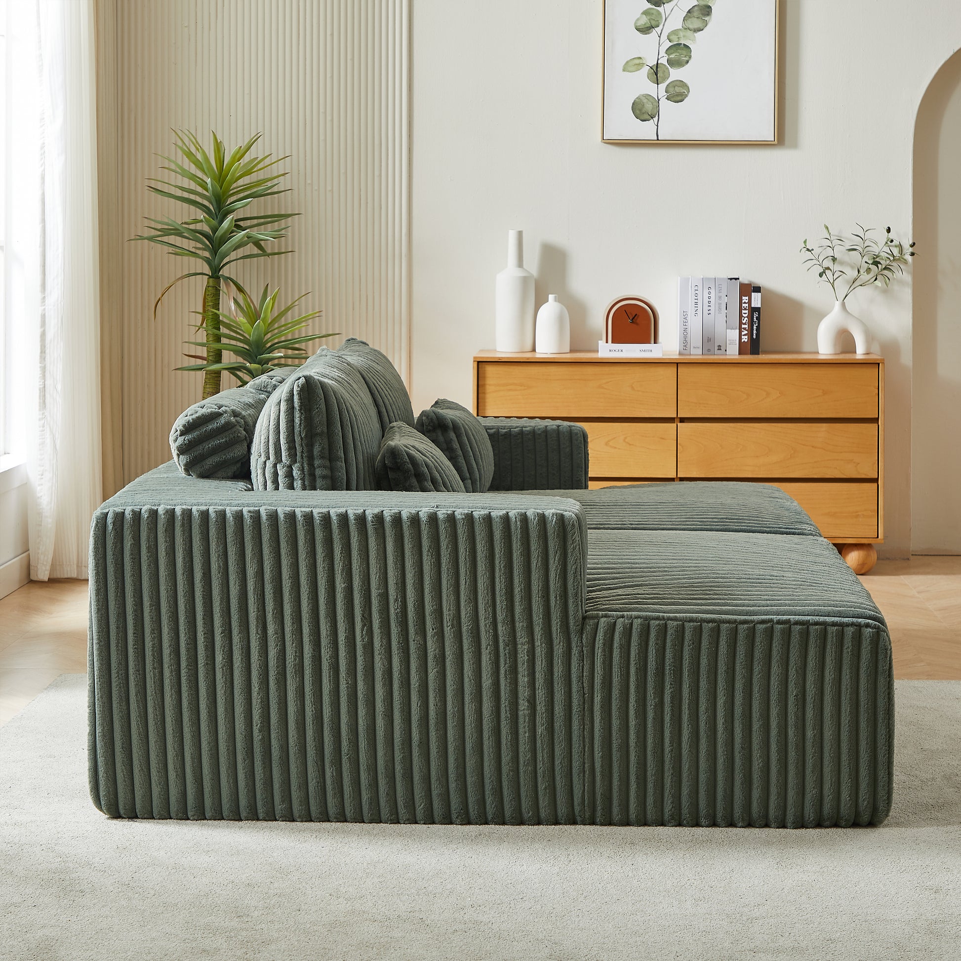 Sage green corduroy sectional sofa with plush cushions for ultimate comfort