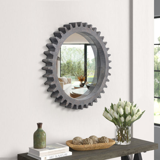 Round gearshaped wall mirror with distressed gray wood frame  inches