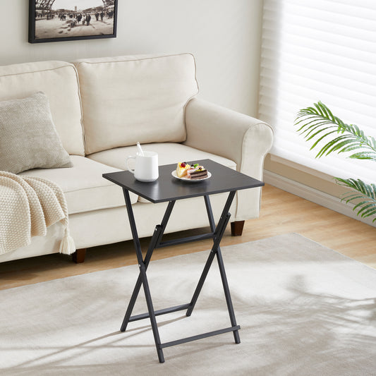 Black folding tray table with a textured woodgrain finish ideal for snacks