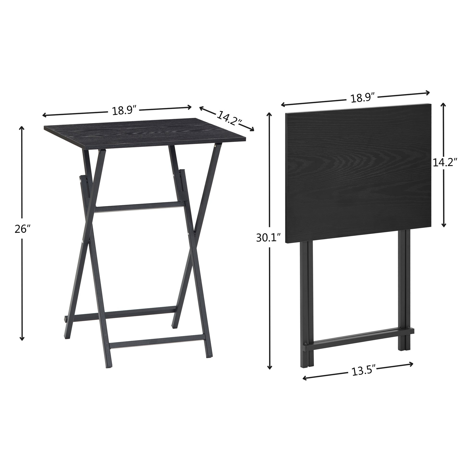 Black foldable side table with faux wood finish and metal frame x inches