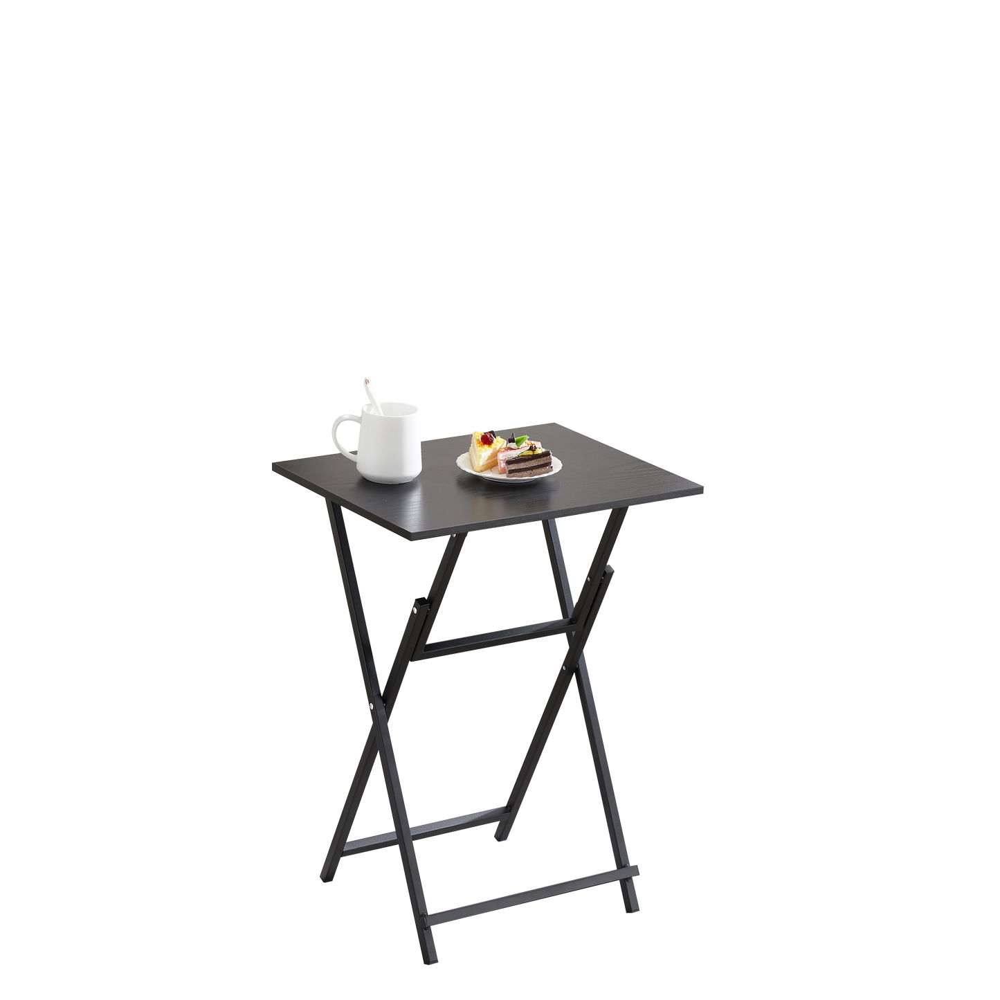 Black folding tray table with dark wood grain finish holding a white mug and two cake slices