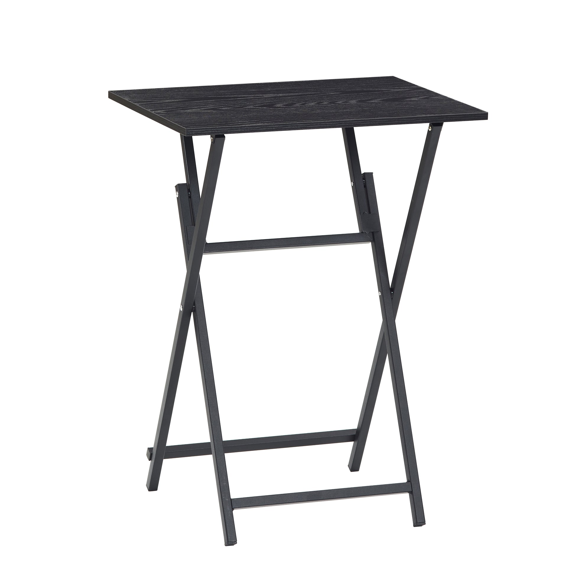 Compact black wood grain folding table with dark metal frame ideal for small spaces