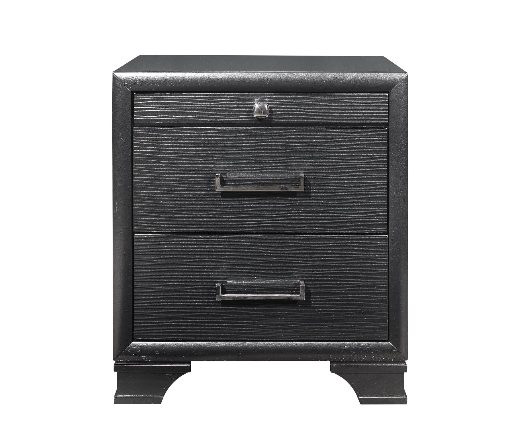 Black wood bedside table with three drawers featuring wavy texture and silver handles