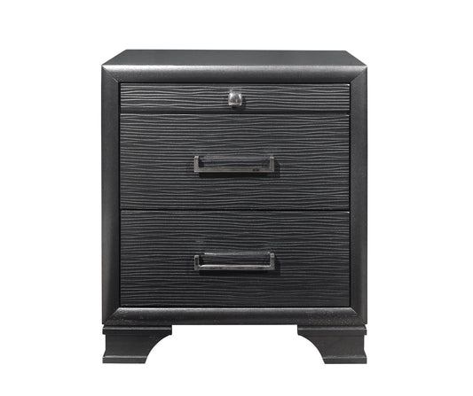 Black wood bedside table with three drawers featuring wavy texture and silver handles