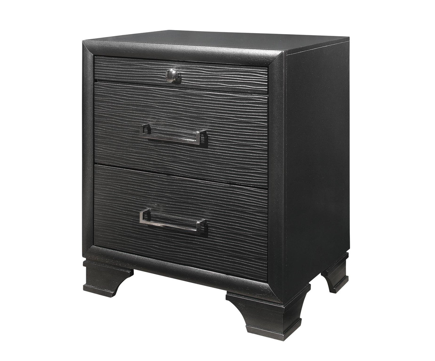 Black textured nightstand with three drawers and brushed nickel hardware