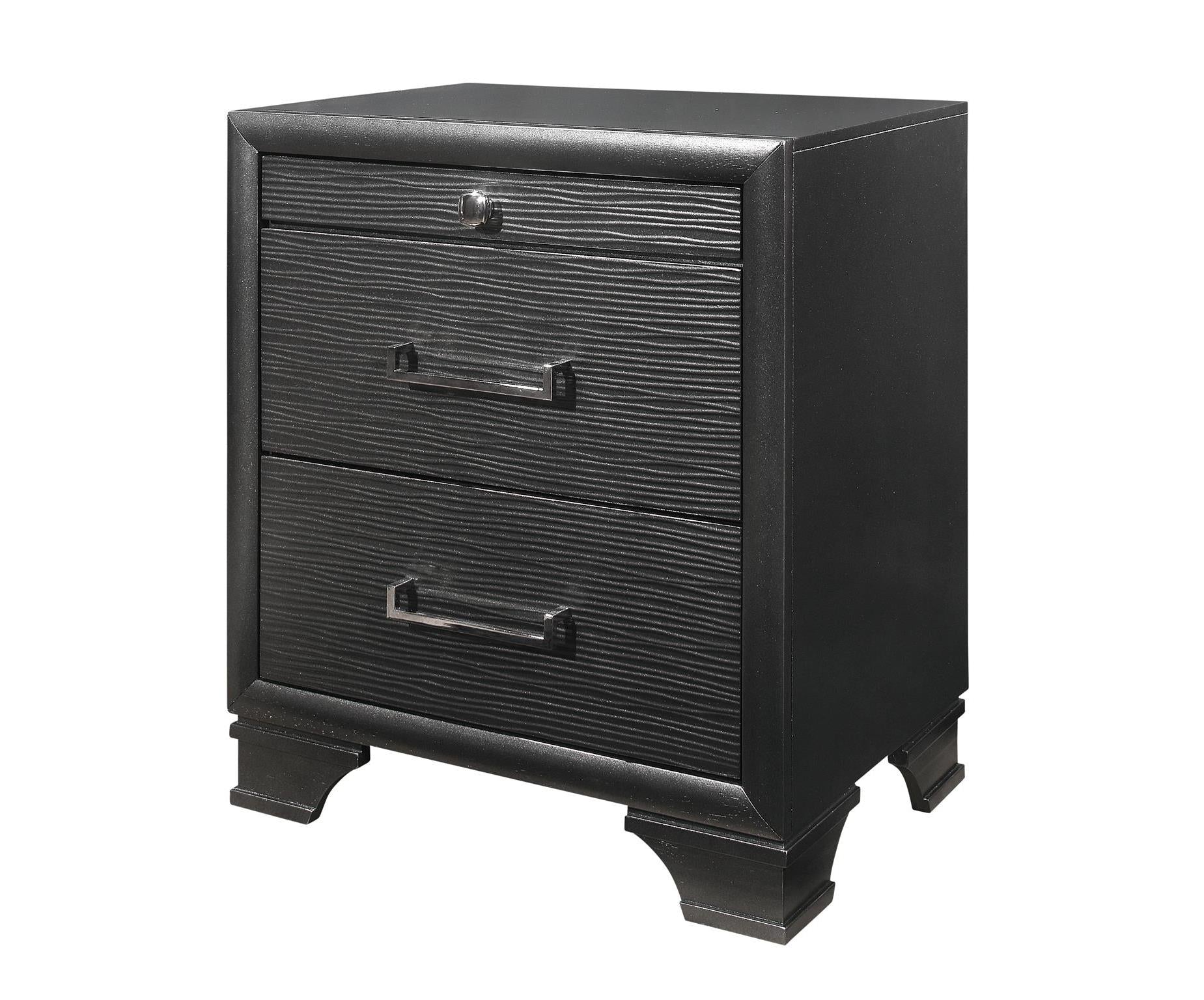 Black textured nightstand with three drawers and brushed nickel hardware