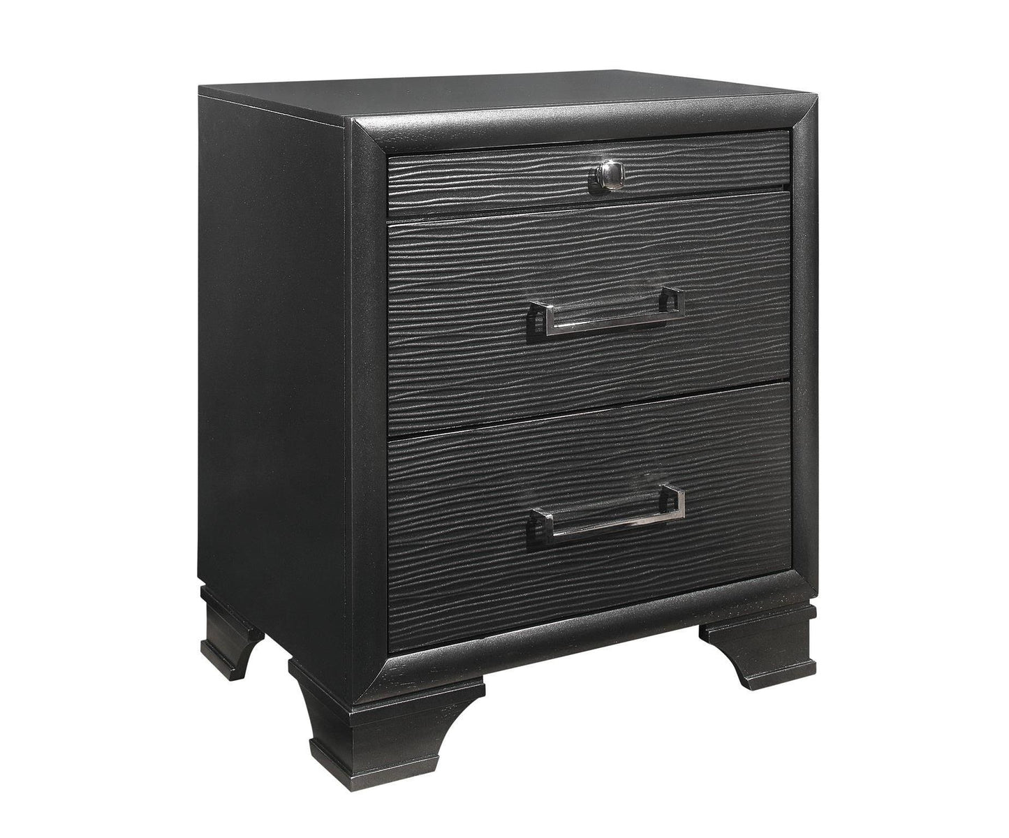 Black twodrawer nightstand with textured drawer fronts and silver hardware
