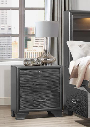 Gray textured bedside table with two drawers and silver hardware