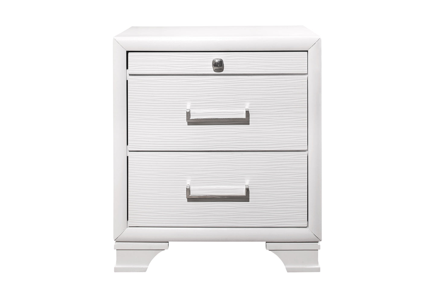 White modern nightstand with textured drawer fronts and brushed nickel hardware