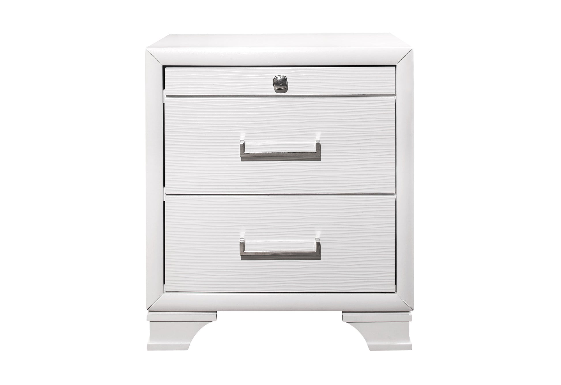 White modern nightstand with textured drawer fronts and brushed nickel hardware