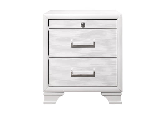 White modern nightstand with textured drawer fronts and brushed nickel hardware