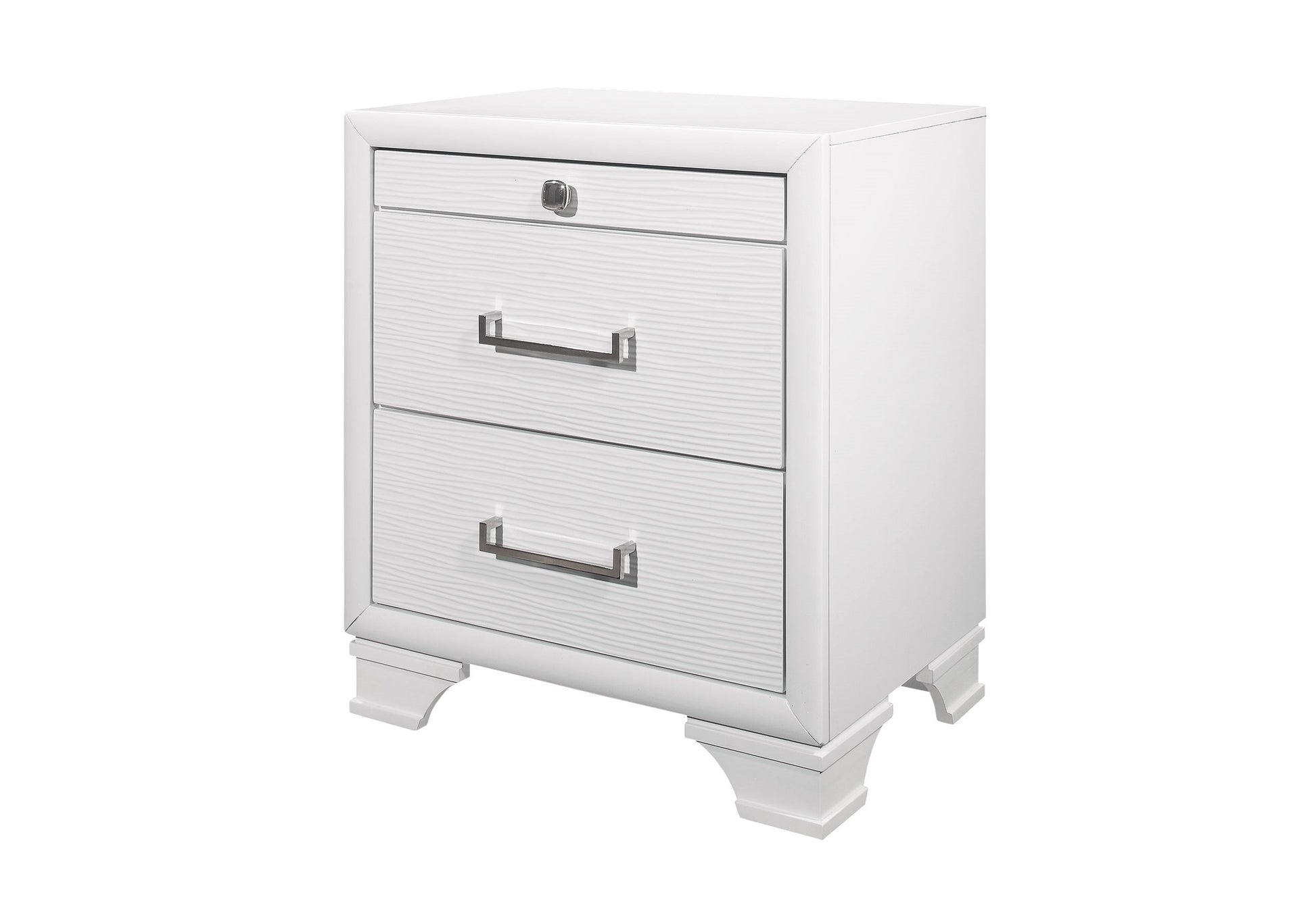 White twodrawer nightstand with brushed nickel hardware and textured drawer fronts