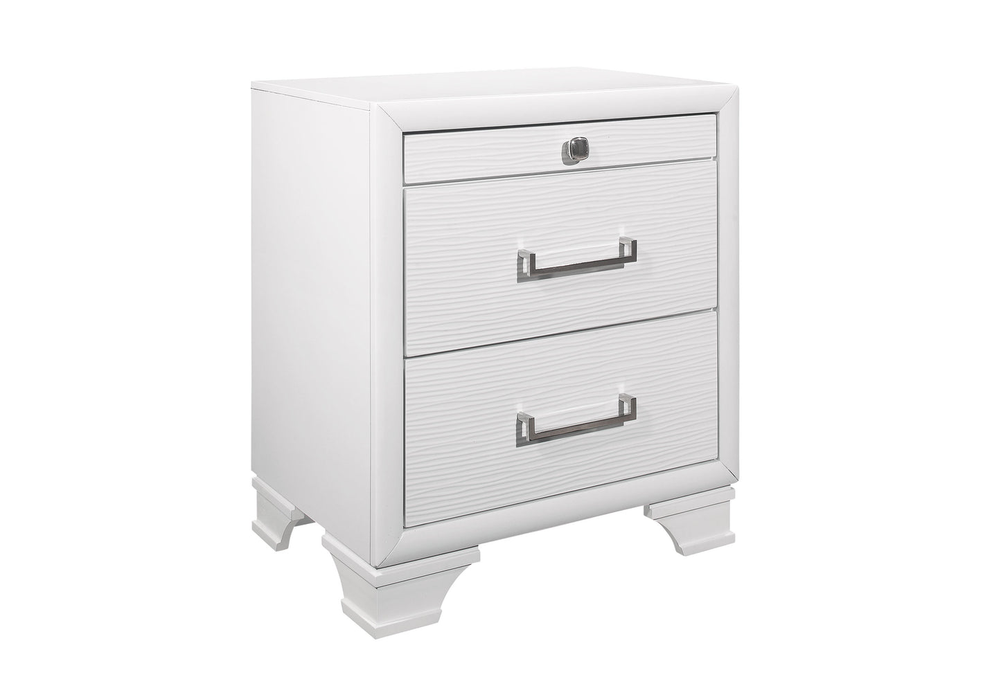 White wood nightstand with textured drawer fronts and silver hardware