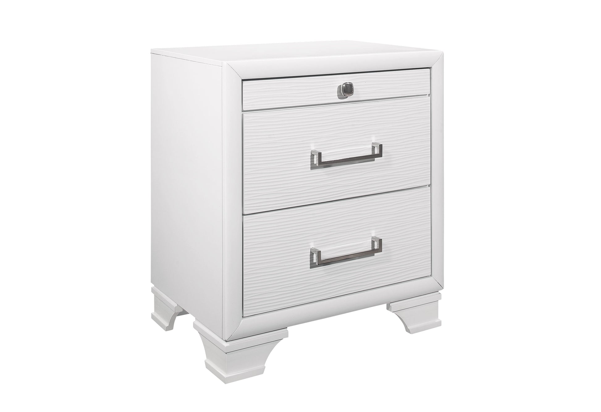 White wood nightstand with textured drawer fronts and silver hardware