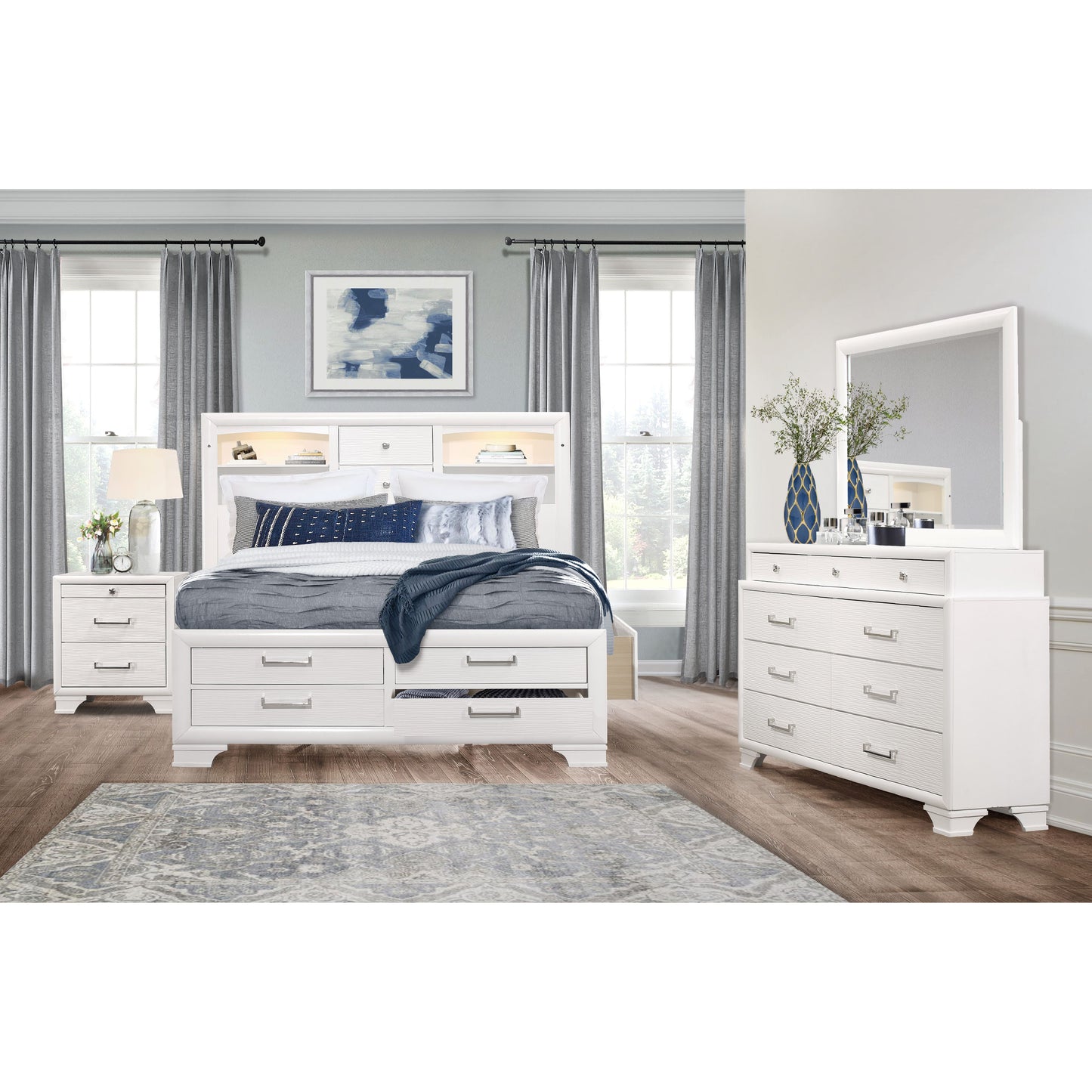 White wooden king bed with builtin storage drawers and shelving unit