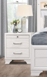 White wood bedside table with two drawers and brushed nickel hardware