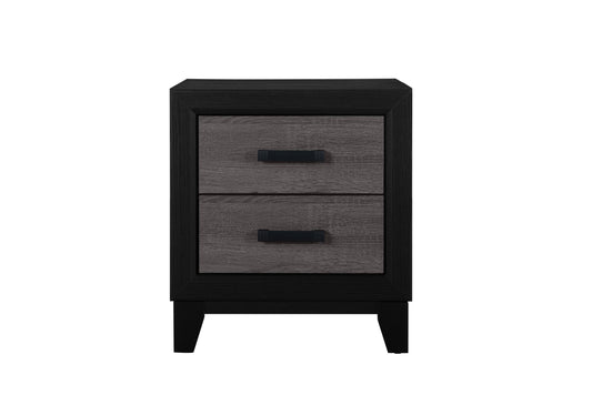 Dark wood twodrawer nightstand with black frame and silver pull handles