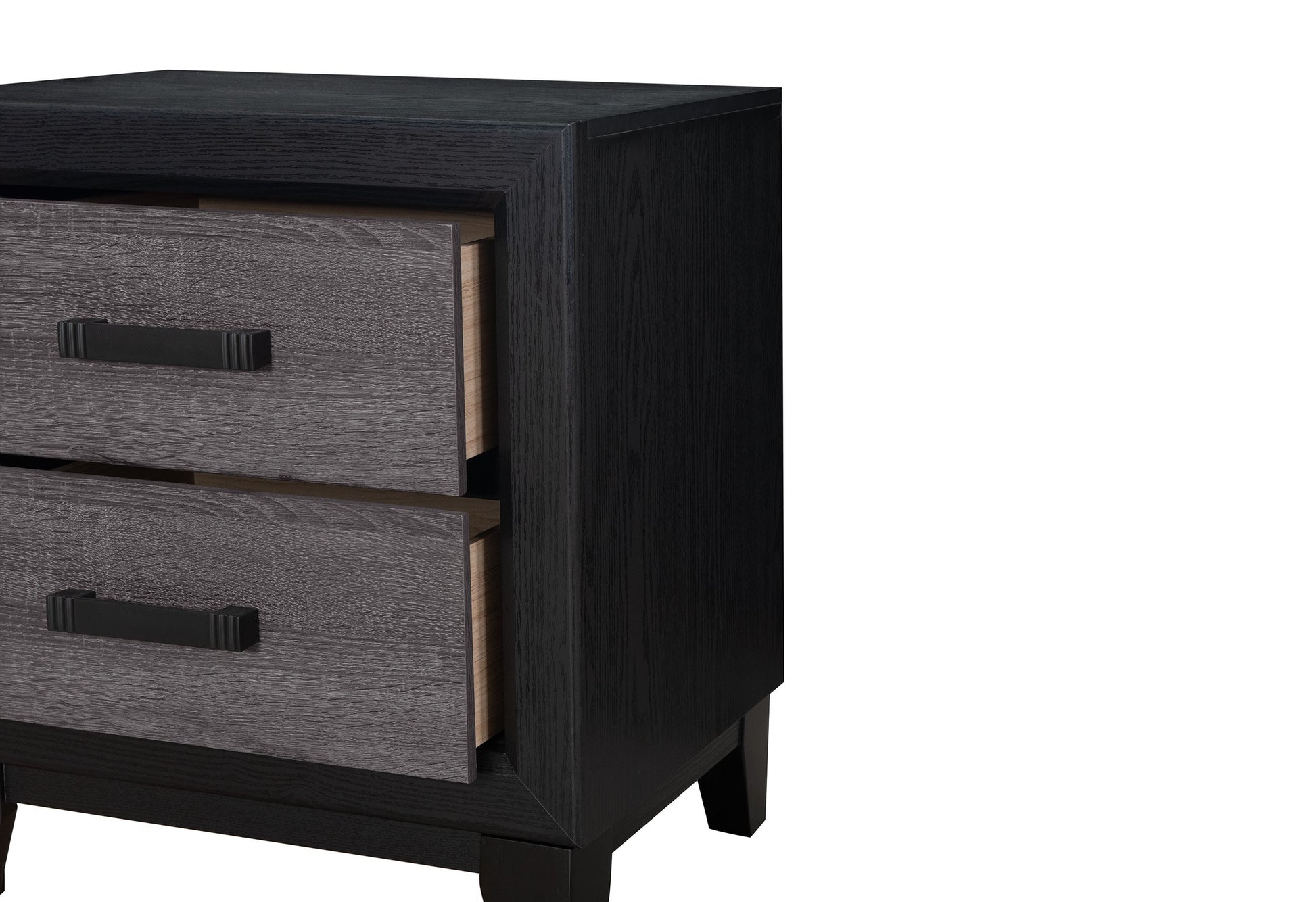 Black and grey wood nightstand with two drawers and black handles