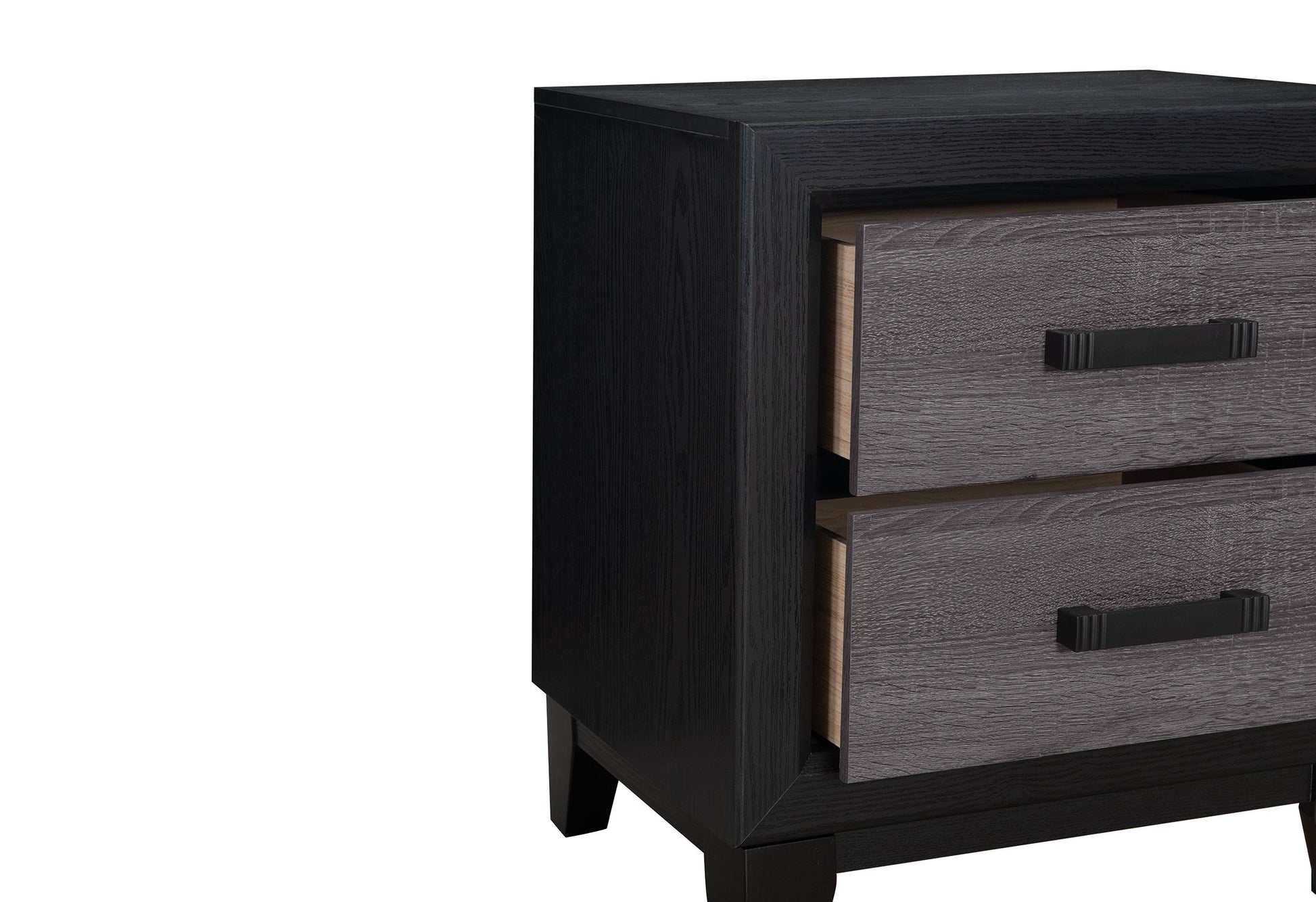 Modern twodrawer nightstand with dark wood exterior and grey wood drawer fronts