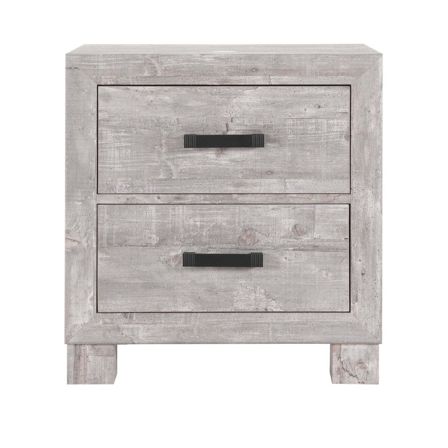 Weathered grey wood bedside table with two black drawer pulls