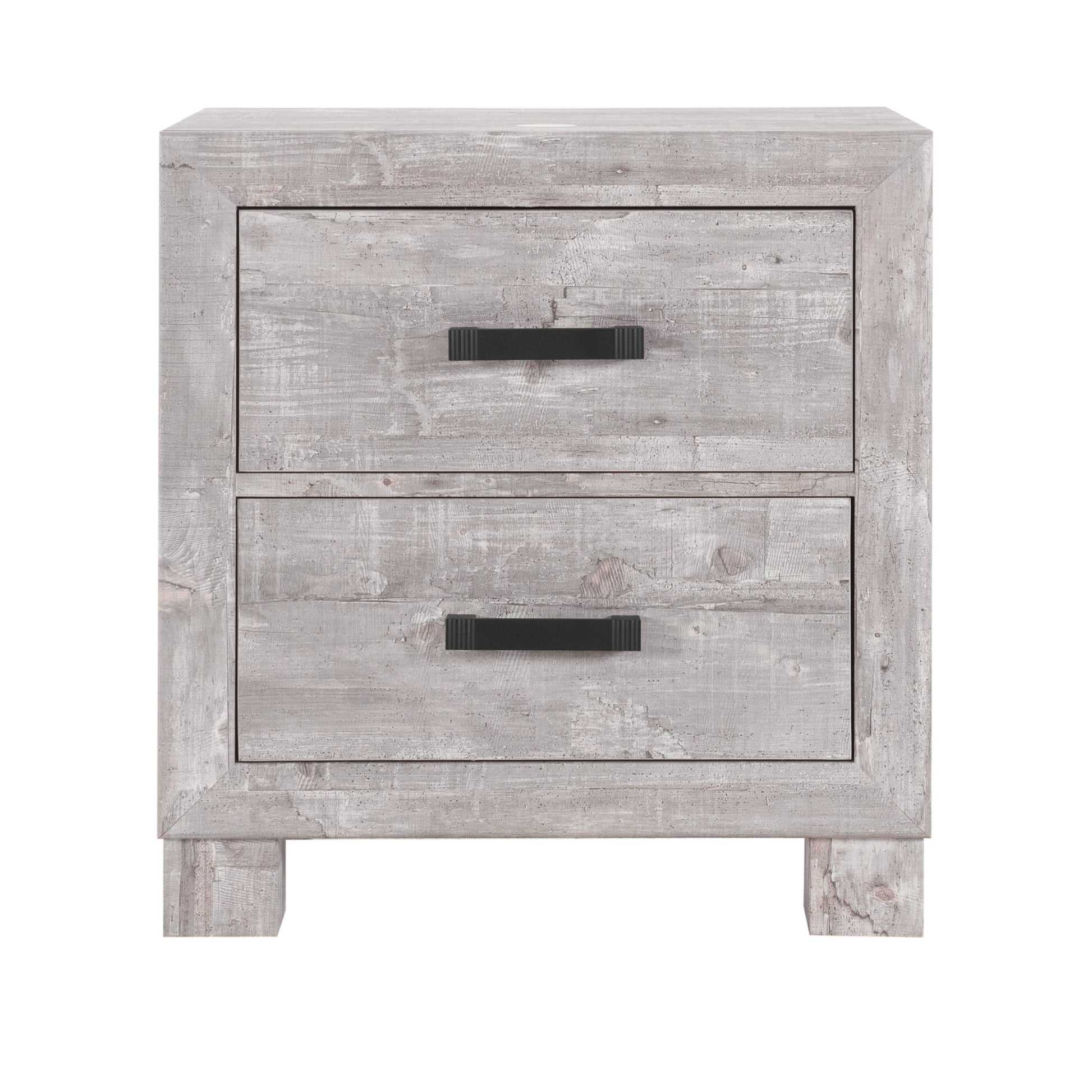 Weathered grey wood bedside table with two black drawer pulls