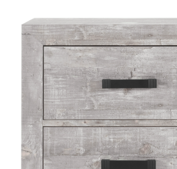 Rustic grey wood dresser with black handles closeup of drawer fronts