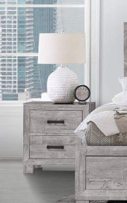 Rustic grey wood bedside table with two drawers and modern black handles