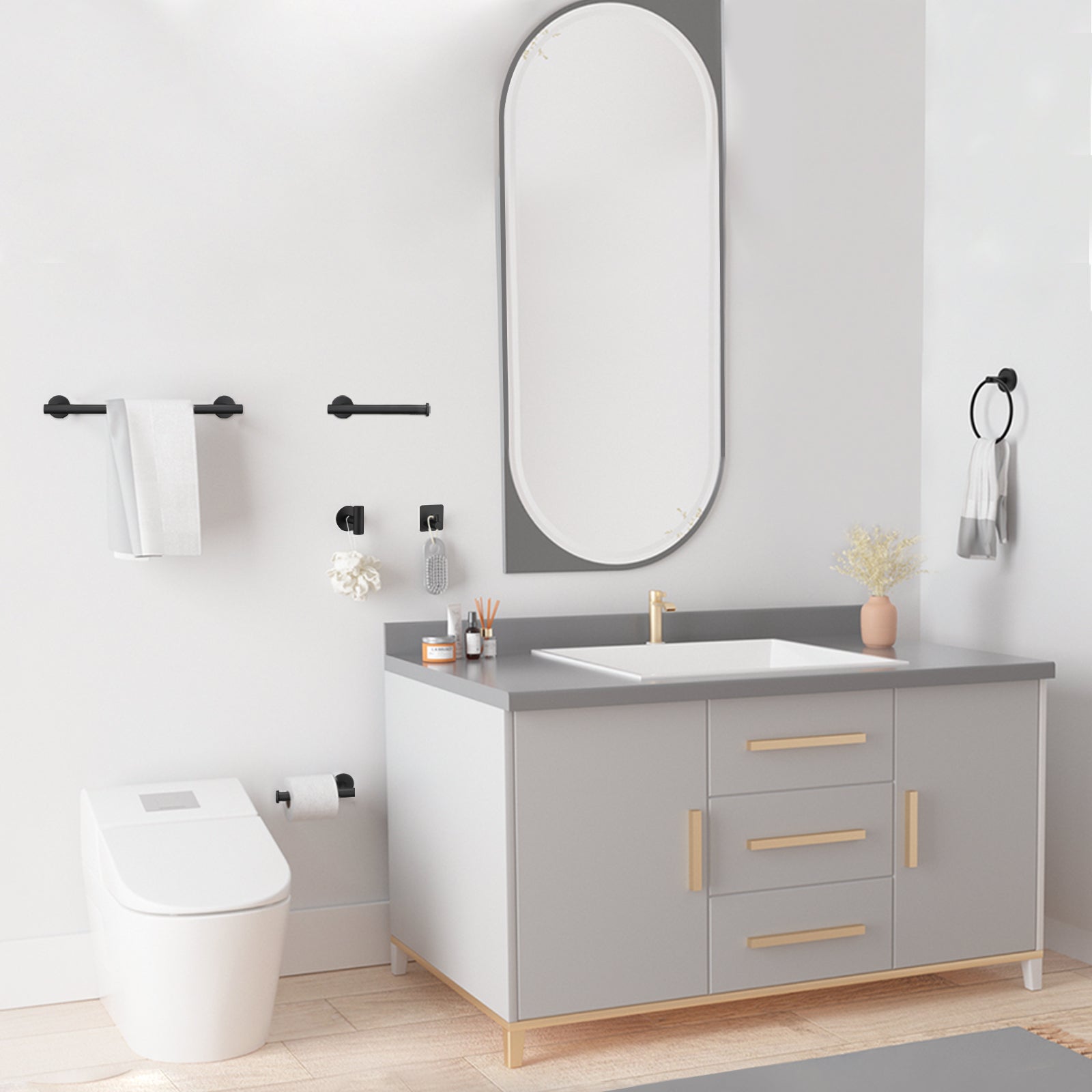 Black towel bar with white towel complementing modern bathroom decor