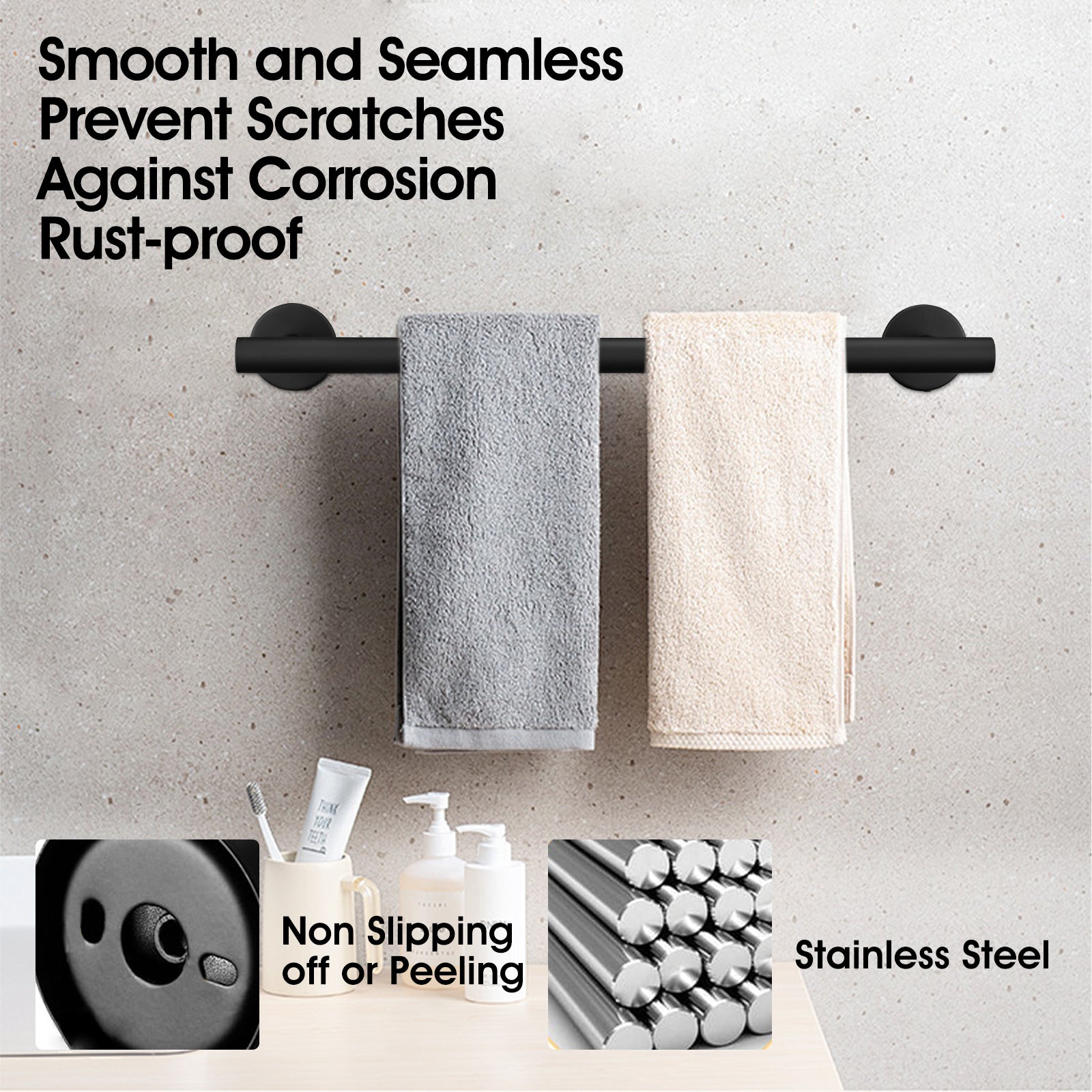 Black matte finish towel bar with gray and cream towels perfect for bathrooms