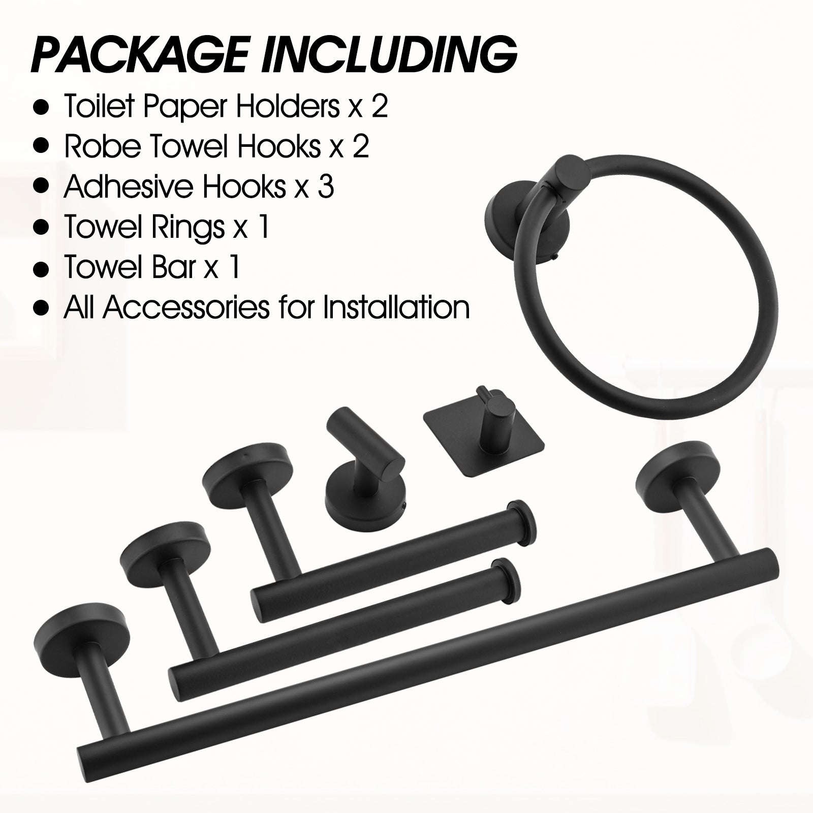 Black matte finished bathroom hardware set including towel bar and robe hooks