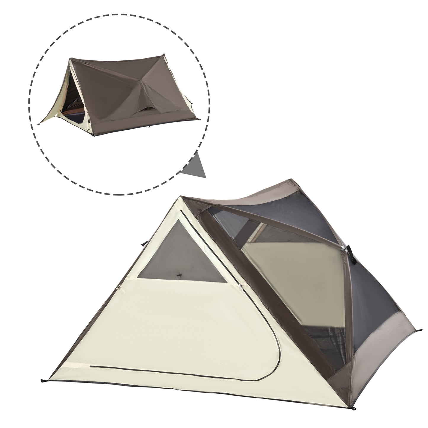 Twotone camping tent in brown and cream featuring mesh windows and zipped door for outdoor adventures