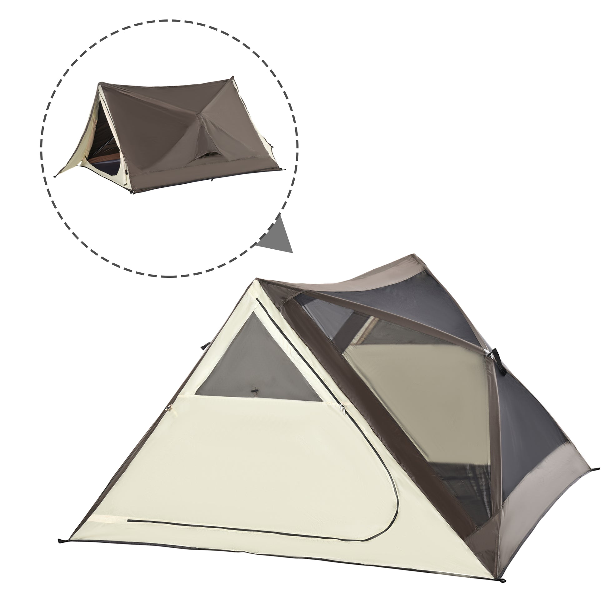 Twotone camping tent in brown and cream featuring mesh windows and zipped door for outdoor adventures
