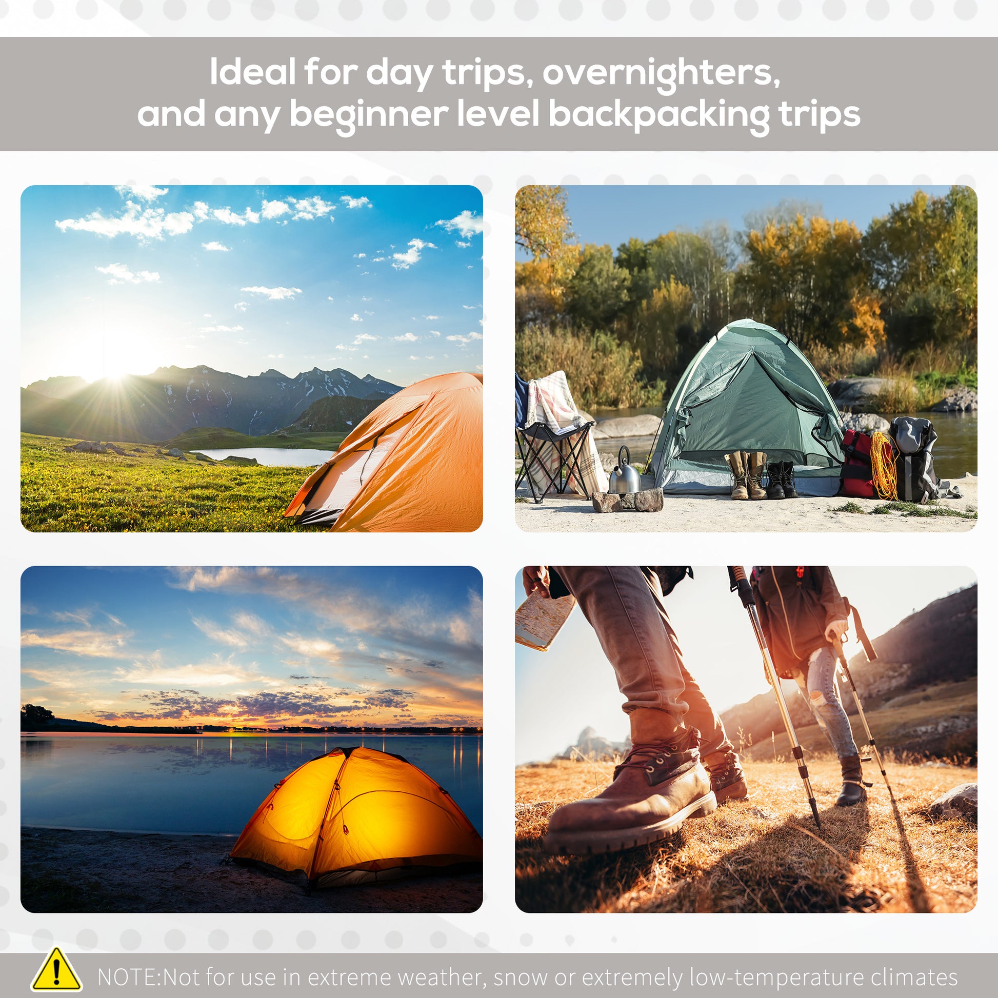 Orange camping tent pitched on a grassy mountain slope with lake and sun