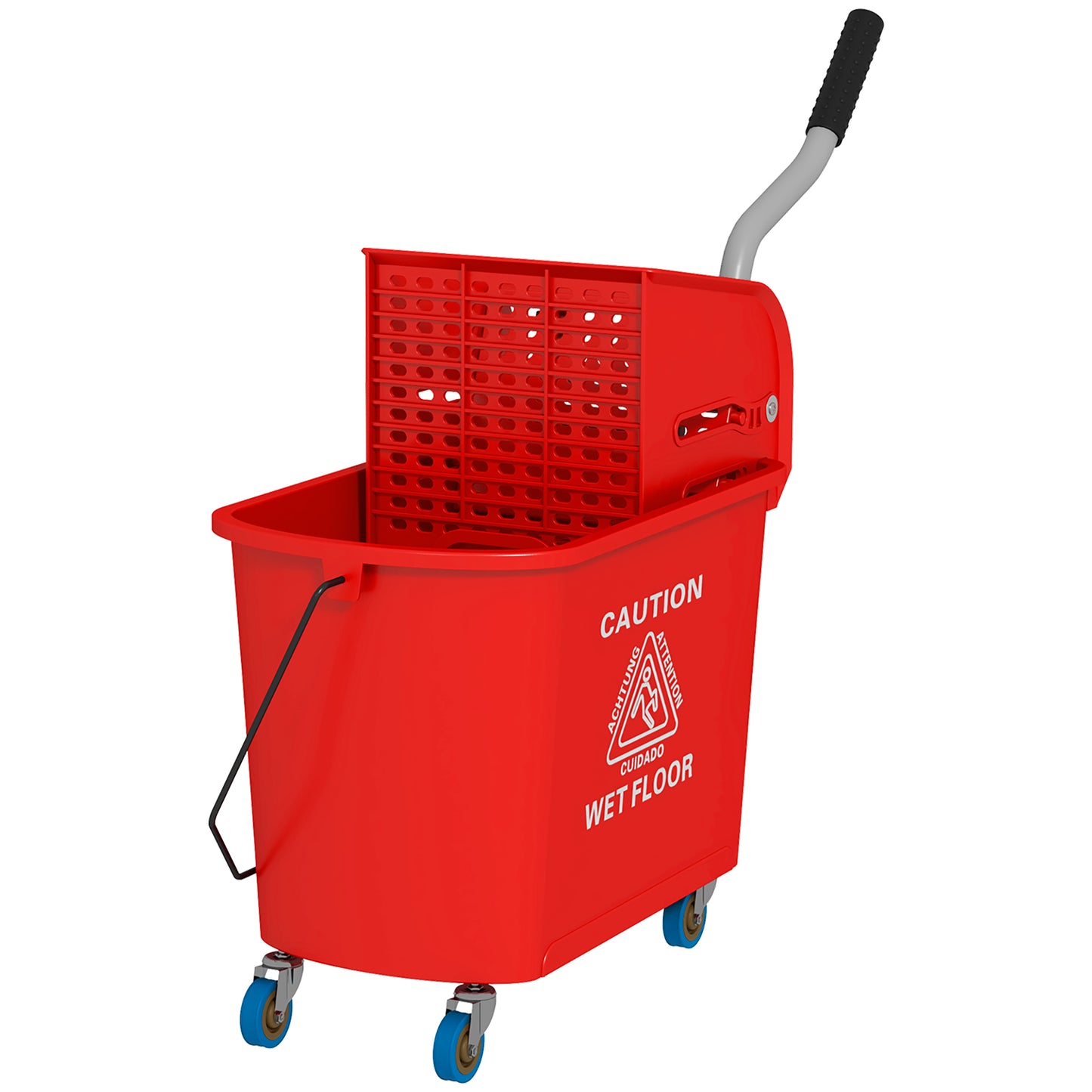 Red commercial mop bucket with wringer and wheels for cleaning tasks