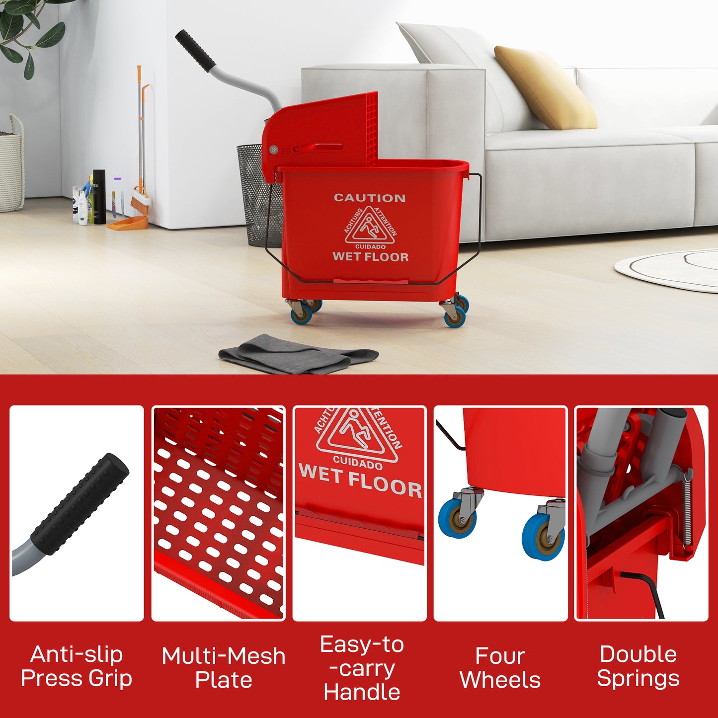 Red mop bucket with WET FLOOR warning and integrated press wringer